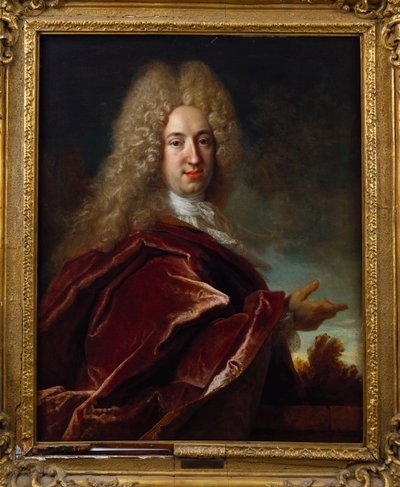 Uzun bir peruk, dantel jabot ve bordo pelerin giyen bir beyefendinin portresi by Nicolas de Largillière
