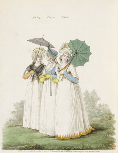 Sabah elbiseleri, incir. Nikolaus Heideloff'un “Moda Galerisi”nden 107, 108 ve 109, Cilt. II, Ağustos 1796 (baskı) by Nicolaus von Heideloff