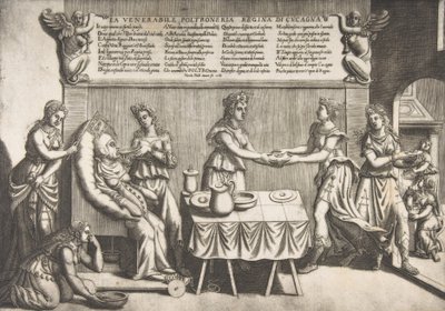 Saygıdeğer Aylaklık, Cockaigne Kraliçesi, hareketli bir tuvalet sandalyesine oturan şişman bir kadın..., 1565. by Nicolo Nelli