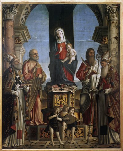 Aziz Nicholas, Aziz Peter, Aziz Barthelemy ve Aziz Augustine ile tahtta Bakire ve Çocuk (tuval üzerine yağlı boya by Nicolo Rondinelli