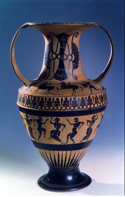 Dansçıları betimleyen tavan arası siyah figürlü amfora, MÖ 535-38 dolayları (toprak çanak çömlek) by Nicosthenes