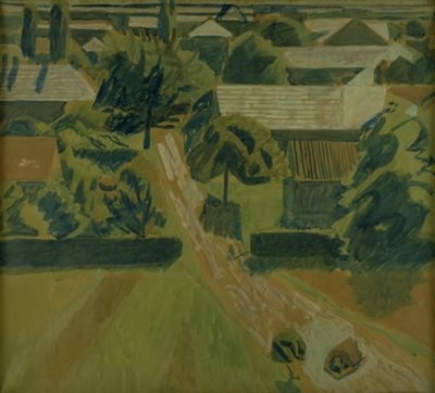 Evler ve iki kişinin burun çakıl yattığı bir yol ile manzara by Niels Larsen Stevns