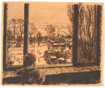 Bahçeye ve tarlaya bakan bir pencerenin yanında bir çocuk by Niels Skovgaard