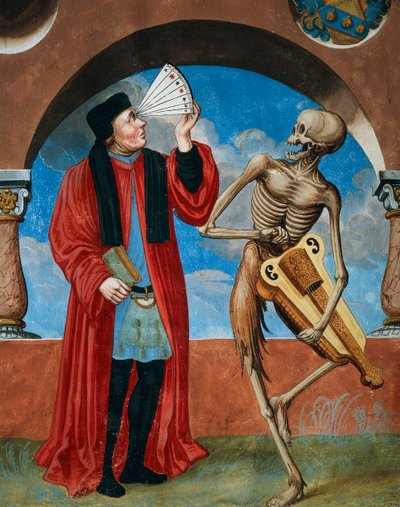Albrecht Kauw tarafından Ölüm Dansı döngüsünden Ölüm, Canon avukatı ve Astrolog by Niklaus Manuel