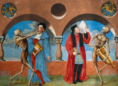 Albrecht Kauw tarafından Ölüm Dansı döngüsünden Ölüm, Canon avukatı ve Astrolog by Niklaus Manuel