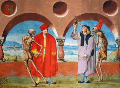 Albrecht Kauw tarafından Ölüm Dansı döngüsünden Ölüm, Avukat ve Doktor by Niklaus Manuel