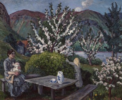 Anne ve çocuk bahçe masasının yanında by Nikolai Astrup