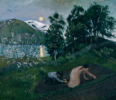 Bahçede bahar gecesi, Bahçede gece çalışması by Nikolai Astrup