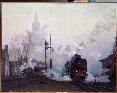 Yolda (Yolda). Buharlı lokomotifler, şehir manzarasını bacalarından çıkan dumana boğar. Nikolai Dmitryevich Kuznetsov'un (1923-1974) tablosu, tuval üzerine yağlı boya by Nikolai Dmitrievich Kuznetsov