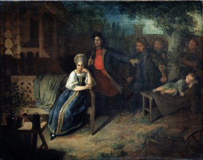 Soyguncu Yegor Bashlyk, tüccarın karısı Grunya'yı kaçırır. Nikolai Mihayloviç Alexeyev'in (1813-1880) tablosu. Tuval üzerine yağlı boya, 77.7 x 99.2 cm by Nikolai Mikhailovich Alexeyev