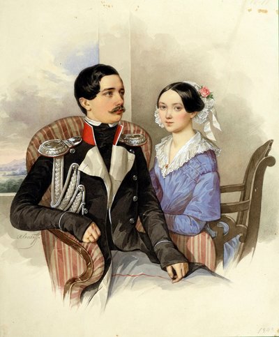 Kont Jakov Karlovich Sievers (1818-1865) ve Kontes Vera Mikhaylovna (1818-1865) portresi - N M Alexeyev (1800-1850) tarafından yapılan sanat eseri by Nikolai Mikhailovich Alexeyev