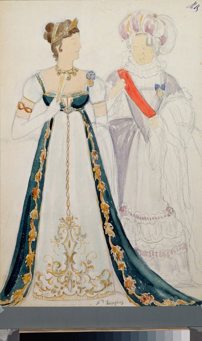 Hazırlık kostümleri, iki kadın, Piotr Tchaikovsky'nin (1840-1893) "Eugene Oneguine" operası için, kağıt üzerine kalem ve suluboya by Nikolai Pavlovich Ulyanov