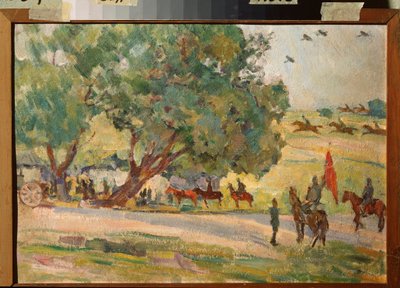 Moskova civarındaki askeri manevralar (Moskova yakınlarındaki manevralar) - Nikolai Pavlovich Ulyanov (Ulyanov) (1875-1949), karton üzerine yağlı boya by Nikolai Pavlovich Ulyanov