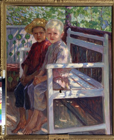 Çocuklar (Çocuklar). Biri sarı, diğeri kahverengi saçlı iki çocuk, güneşte bir bankta çıplak ayakla oturuyorlar. Nikolai Petrovich Bogdanov Belsky (Bogdanov-Belsky) (Bogdanov Belsky) (Bogdanov-Belsky) (1868-1945) tarafından yapılan resim. Tuval üzerine yağ by Nikolai Petrovich Bogdanov Belsky