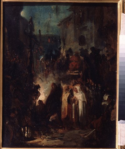 Autodafe (Autodafe). Sokak sahnesi, gece engizisyon mahkemesinin kararının ardından, kalabalık ve din adamları ateşin etrafında toplandı. Nikolai Petrovich Lomtev (1816-1859), karton üzerine yağlı boya çalışması. Rus sanatı by Nikolai Petrovich Lomtev