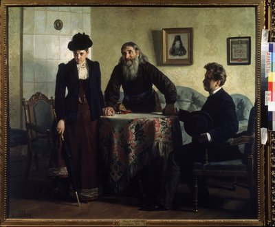 Bir İtiraf (Bir Öğüt). Evliliklerinde kriz yaşayan bir çift, bir Ortodoks rahibini ziyaret eder ve ahlaki davranış konusunda bir ders alır. Nikolai Vasilyevich Nevrev (1830-1904), tuval üzerine yağlı boya tablosu by Nikolai Vasilievich Nevrev