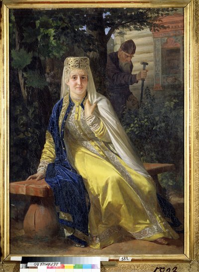 Vassilissa Melentieva (öldü 1579) ve Çar IV. Korkunç İvan (1530-1584) (Vasilisa Melentyevna ve Çar Korkunç İvan). Rusya Çarının altıncı karısı, kocası tarafından bir manastırda ömür boyu hapse mahkum edilmeden önce by Nikolai Vasilievich Nevrev