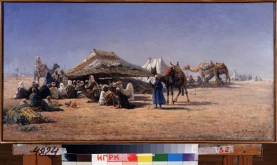 Kahire (Mısır) (Kahire). Çölde bir karavanın kamp sahnesi, arka planda şehir. Nikolai Yegorovich Makovsky (1842-1886), tuval üzerine yağlı boya by Nikolai Yegorovich Makovsky