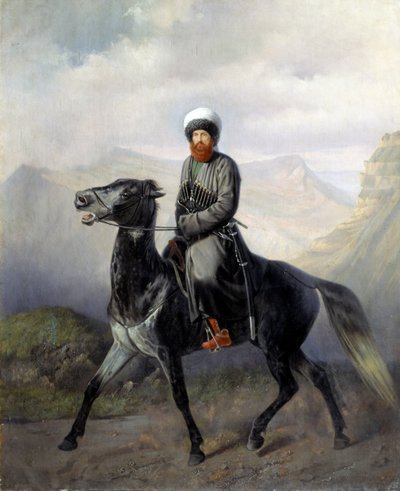 Portre equestre de Chamil (İmam Chamil, Şamil) (1797-1871), şef des tribus musulmanes du Caucase nord (Kuzey Kafkasya