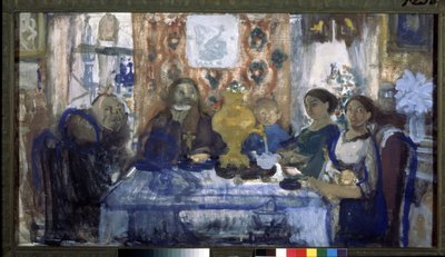 Çay iç. Ortasında semaver olan bir masanın etrafında bir aile toplanmış. Nikolai Nikolayevich Sapunov