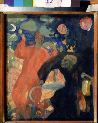 Nikolai Sapunov'un (Sapunov) (1880-1912) anısına (N. Sapunov'un anısına). Ölüm, marakas sallayarak gülümseyen bir yaşam figürünün önünde eğilir ve kaçar. Nicolas (Nikolai) Dimitrievich Millioti (1874-1962), kart üzerine yağlı boya çalışması by Nikolaj Nikolaevic Sapunov