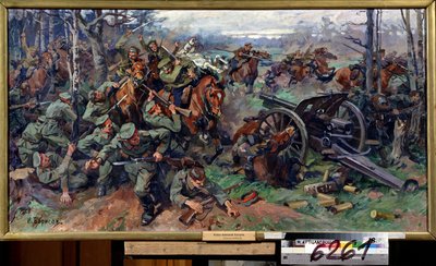 1915'te Alman topçusuna hücum eden Rus süvari (1915'te Alman topçusuna hücum eden Rus süvari). Nikolai Yakovlevich Borisov'un (1873-1942) tablosu. Tuval üzerine yağlı boya, 75 x 142 cm, 20. yüzyıl başı Rus sanatı. Devlet Merkez Topçu by Nikolay Yakovlevich Borisov