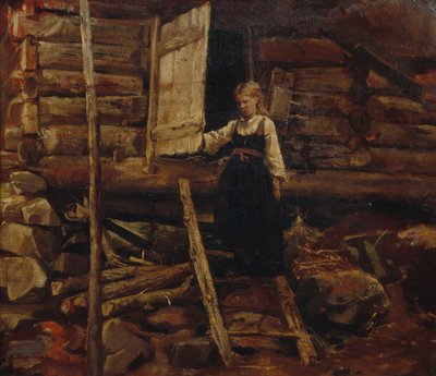 Merdivenlerdeki kız (tuval üzerine yağlıboya) by Nils Bergslien