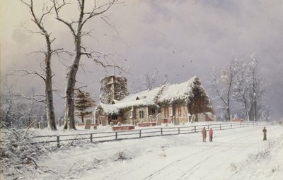 Bir Kilisenin Yanındaki Yolda Figürlerle Kış Manzarası by Nils Hans Christiansen