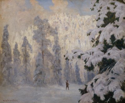 Avcı kış manzarasında kayak yapıyor by Nils Hansteen
