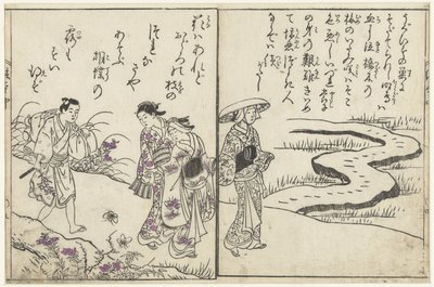 Çiçeklerle dolu bir manzarada yürüyüşçüler by Nishikawa Sukenobu (attributed to)