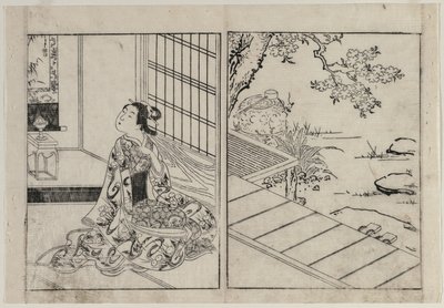 asılı bir parşömen arayan kadın by Nishikawa Sukenobu
