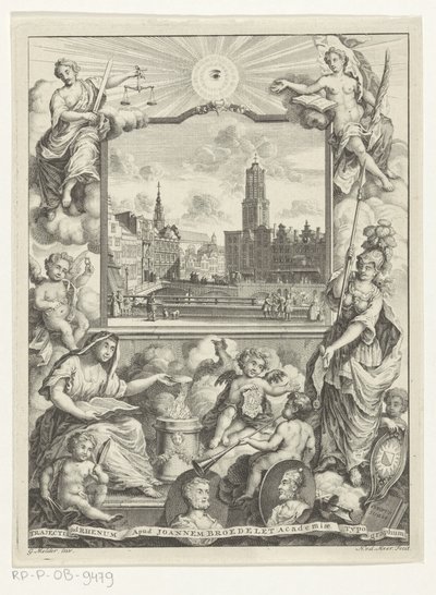 Stadsgezicht, Domkerk te Utrecht ile alegori ile bir araya geldi Utrechtse stedenmaagd ile bir araya geldi Başlık sayfası: Elias de Vries, Dissertatio juridica de jure naturali ac gentium, seu duos prioribus juris continentur, 1745 by Noach van der Meer (I)