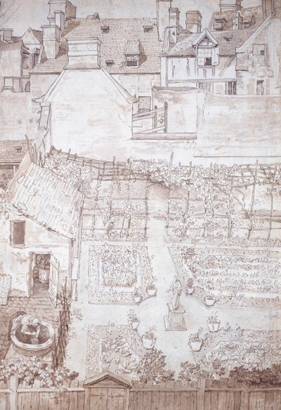 Bir şehir evinin bahçesi, parterler ve asma pergolalı, binalarla çevrili, c.1677 (kalem ve kahverengi mürekkepli kahverengi mürekkep) by Noel Gasselin