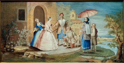 Komedyen ve oyun yazarı Jean Baptiste Poquelin dit Moliere (bir diz yere çökmüş) ve komedyenleri 1668