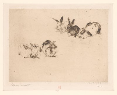 altı tavşan by Norbert Goeneutte (signed by artist)