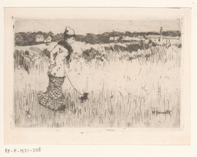 Bir manzara içinde köpek ile yürüyen bayan by Norbert Goeneutte