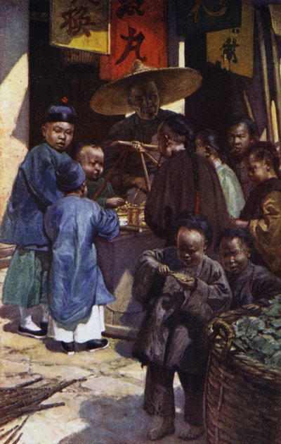 Çin: Çocuklar tatlı bir tezgahın etrafında dönüyor (renkli taş) by Norman Hardy