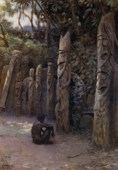 Taş "Demits" veya eşlik eden ahşap figürleriyle Ruhlar, Malekula Adası, Yeni Hebridler (renkli taş) by Norman Hardy