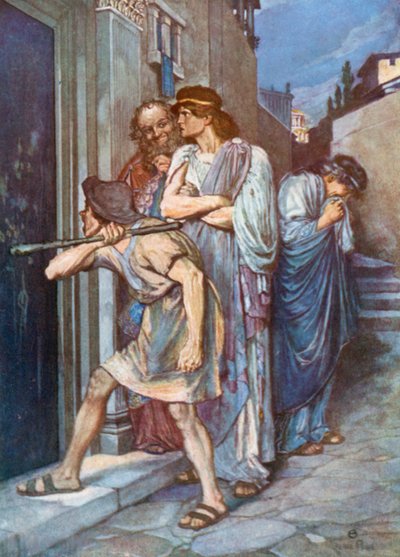 Efesli Dromio, "Efendimi içeri alın!" Hatalar Komedyası - Perde III, Sahne 1 (renkli taş baskı) by Norman Mills (after) Price