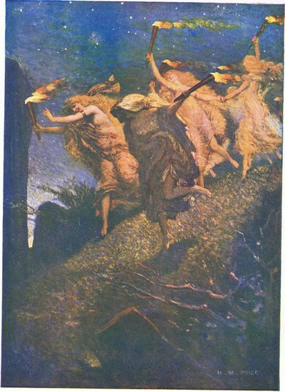 İlk Walpurgis Gecesi: "Karanlığın içinden ilerle ve takip et, Her kayalık çukurun içine ve dışına" (renkli lito) by Norman Mills Price