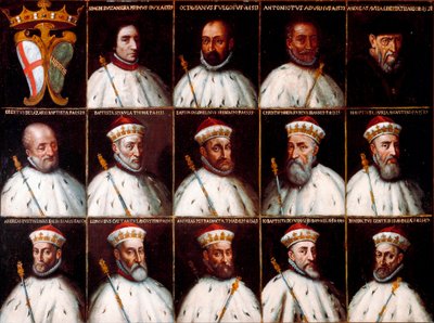 Genler Cumhuriyeti arması ve Doges portreleri - Simone Boccanegra, Ottaviano Fregoso ve Antoniotto II Adorno; Andrea Doria. Oberto Cattaneo Lazzari, Battista Spinola, Battista Lomellini, Cristoforo Grilaldi Rosso, Giovanni Battista Doria by Northern Italian School