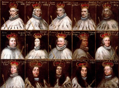 Genler Cumhuriyeti arması ve Doges portreleri. Antoniotto Invrea, Stefano de Mari, Cesare Durazzo, Cesare Gentile, Francesco Garbarino, Alessandro Grimaldi, Agostino Saluzzo, Antonio Da Passano, Odon Giannettino, Agostino Spinola, Luca M by Northern Italian School
