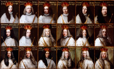 Genler Cumhuriyeti arması ve Doges portreleri. Giovanni Battista Cattaneo, Francesco Invrea, Negrone Bendinelli, Francesco Maria Sauli, Girolamo De Mari, Federico De Franchi, Antonio Cebà Grimaldi, Honored Stefano Ferreti, Domenico De Ma by Northern Italian School