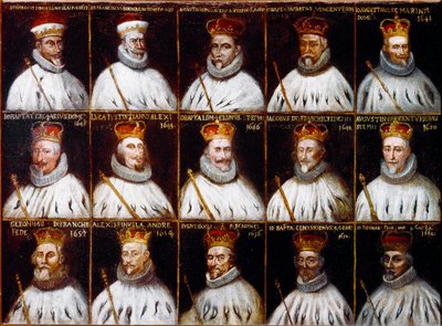 Genler Cumhuriyeti arması ve Doges portreleri. Giovanni Stefano Doria, Francesco Gio. Brignole Sale, Agostino Pallavicini, Giovanni Battista Durazzo, Agostino Giovanni De Marini, Giovan Battista Lercari, Luca Giustiniani, Giovanni Battista L by Northern Italian School