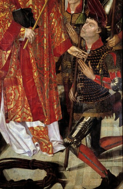 Saint Vincent, Zaragoza'lı Saint Vincent'in Lizbon Poliptiğinin koruyucusu eveques şövalyeleriyle çevrili. Detay. Nuno Goncalves veya Gonzalvez (15. yüzyıl) Ulusal Antik Sanat Müzesi, Lizbon'a atfedilen resim. by Nuno Goncalves or Gonzalvez