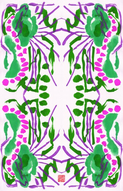 Tavus Kuşu Yeşil Pembe Çiçek Desenli, 2023 (kağıt üzeri guaj, dijital) by Odilia W. Y. Fu