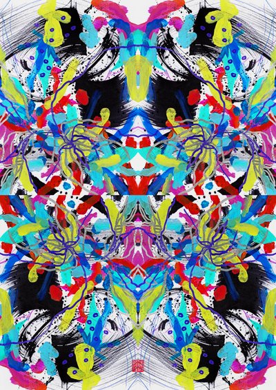 Zen Mürekkep Mavi Kırmızı Sarı Çiçek Desenli, 2023 (kağıt üzeri akrilik, dijital) by Odilia W. Y. Fu