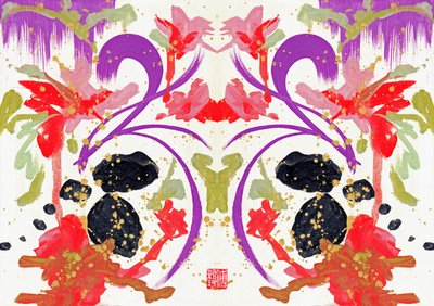 Zen Turuncu Mor Çiçekler 1, 2021 (tuval üzerine akrilik, dijital) by Odilia W. Y. Fu