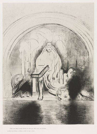 Ve tahtta oturanın sağ elinde içte ve arkada yazılı, yedi mühürle mühürlenmiş bir kitap gördüm. by Odilon Redon