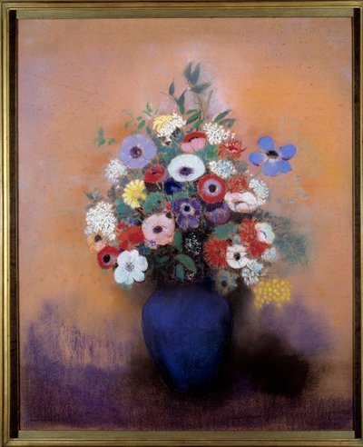 Odilon Redon (1840-1916) tarafından mavi bir vazoda anemon ve leylaklar by Odilon Redon